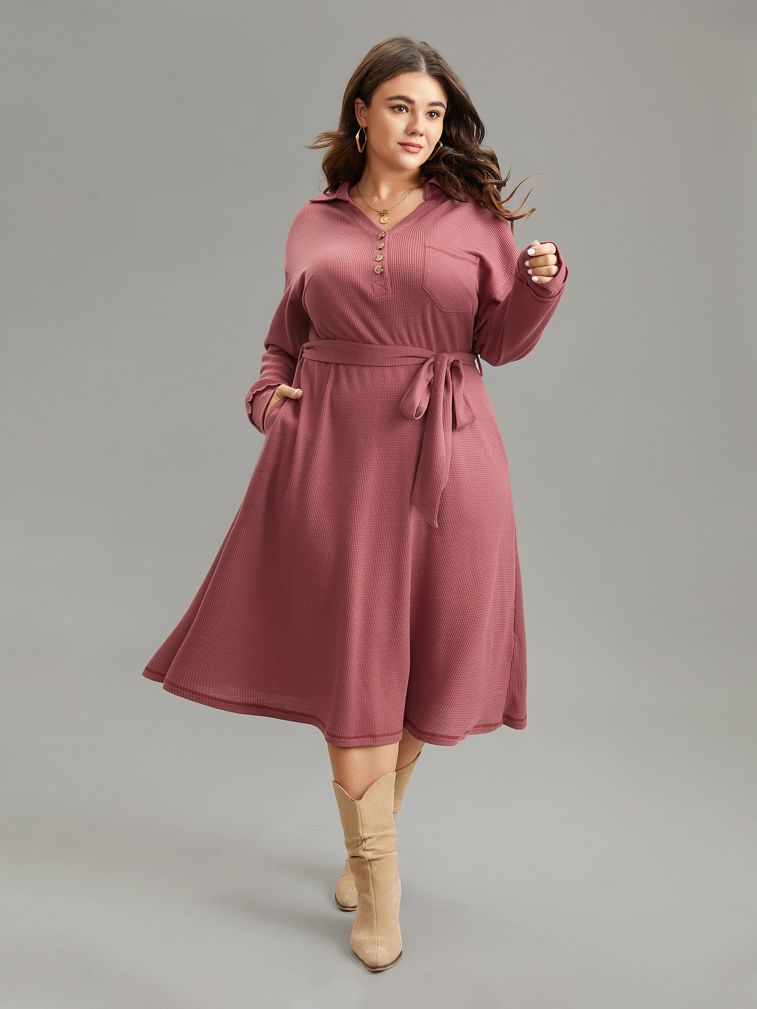 

Plus Size Women Dailywear Plain Belted Regular Sleeve Long Sleeve Lapel Collar Pocket Belt Casual Dresses BloomChic, Rouge