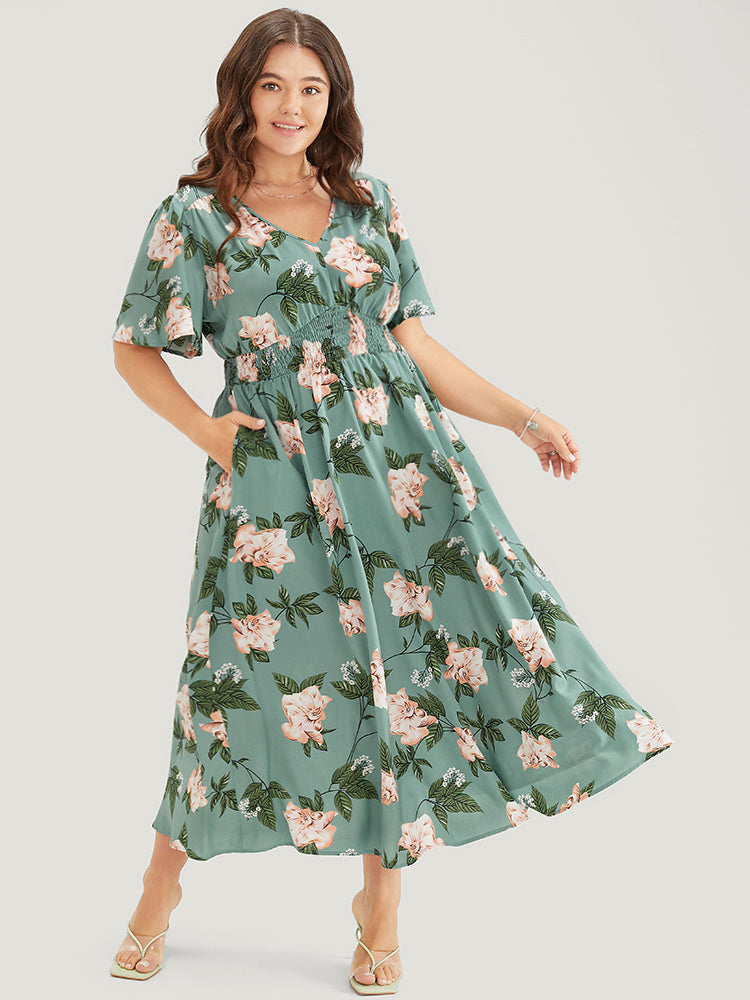 

Plus Size Women Dailywear Floral Pocket Ruffle Sleeve Short Sleeve V Neck Pocket Elegance Dresses BloomChic, Mint