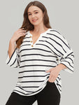 Striped Print Button Detail Notched T shirt