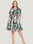 General Print Lace Pocketed Dress With Ruffles