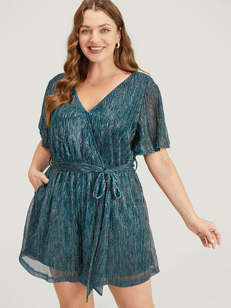 Glittering Pocketed Belted Mesh Wrap Romper With Ruffles