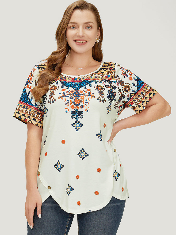 

Plus Size Women Dailywear Bohemian Print Asymmetrical Regular Sleeve Short Sleeve Round Neck Elegance T-shirts BloomChic, Multicolor