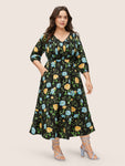 V-neck Shirred Pocketed Floral Print Dress
