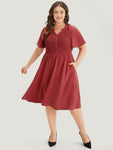 Plain Notched Shirred Button Through Ruffle Sleeve Dress