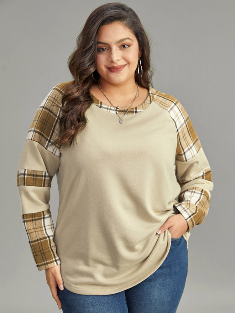 

Plus Size Women Dailywear Plaid Arc Hem Regular Raglan Sleeve Long Sleeve Round Neck Casual Sweatshirts BloomChic, Champagne