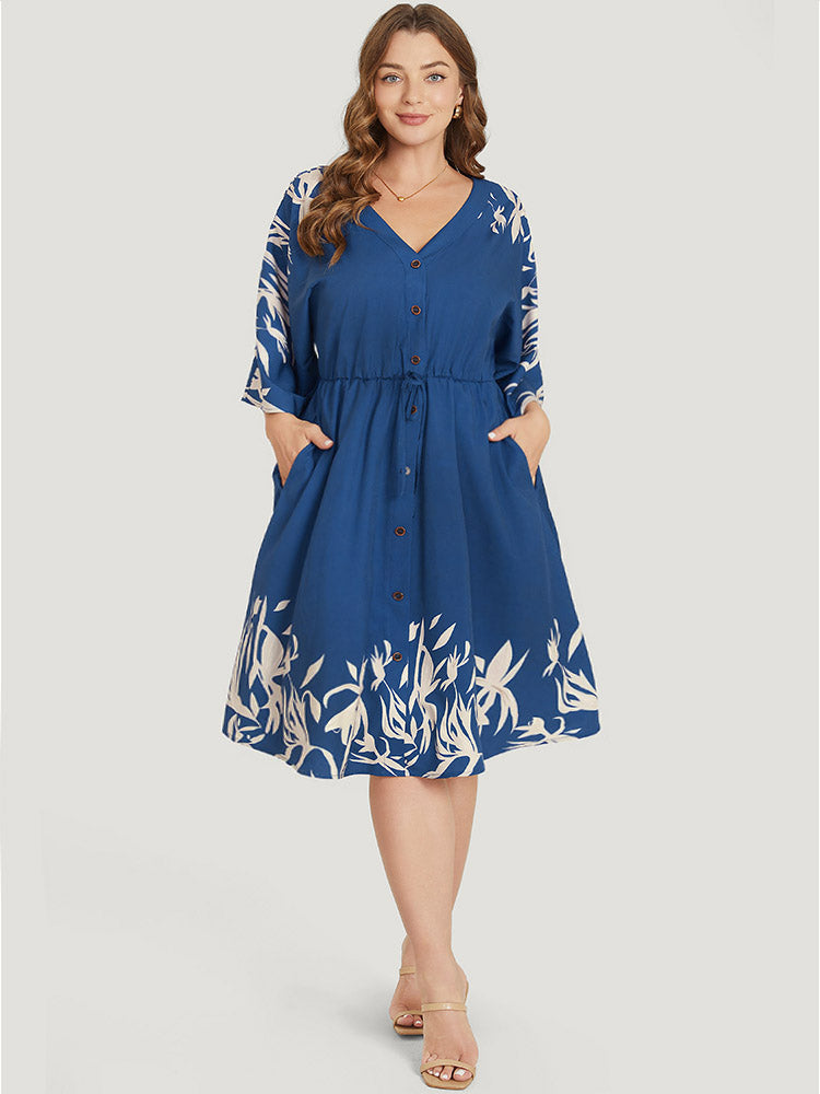 

Plus Size Women Dailywear Plants Knotted Dolman Sleeve Three Quater Length Sleeve V Neck Pocket Vacation Dresses BloomChic, Navy