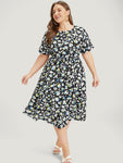 Round Neck Pocketed Floral Print Flutter Sleeves Dress