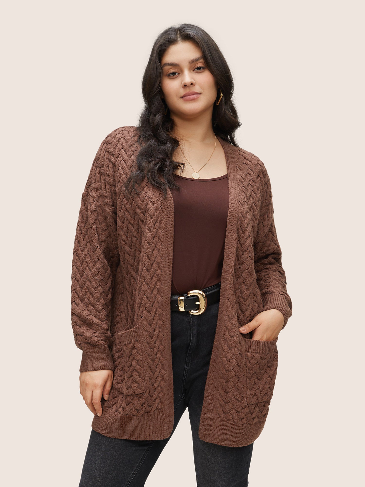 

Plus Size Cardigans | Solid Open Front Pocket Crochet Cardigan | BloomChic, Burgundy