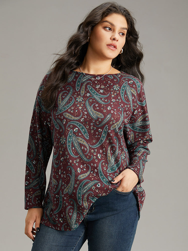 

Plus Size Women Dailywear Paisley Printed Regular Sleeve Long Sleeve Round Neck Elegant T-shirts BloomChic, Burgundy