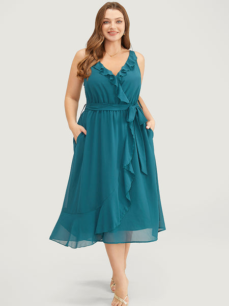 V-neck Ruffle Trim Belted Pocketed Spaghetti Strap Dress