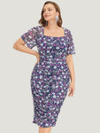 Square Neck Floral Print Ruched Dress