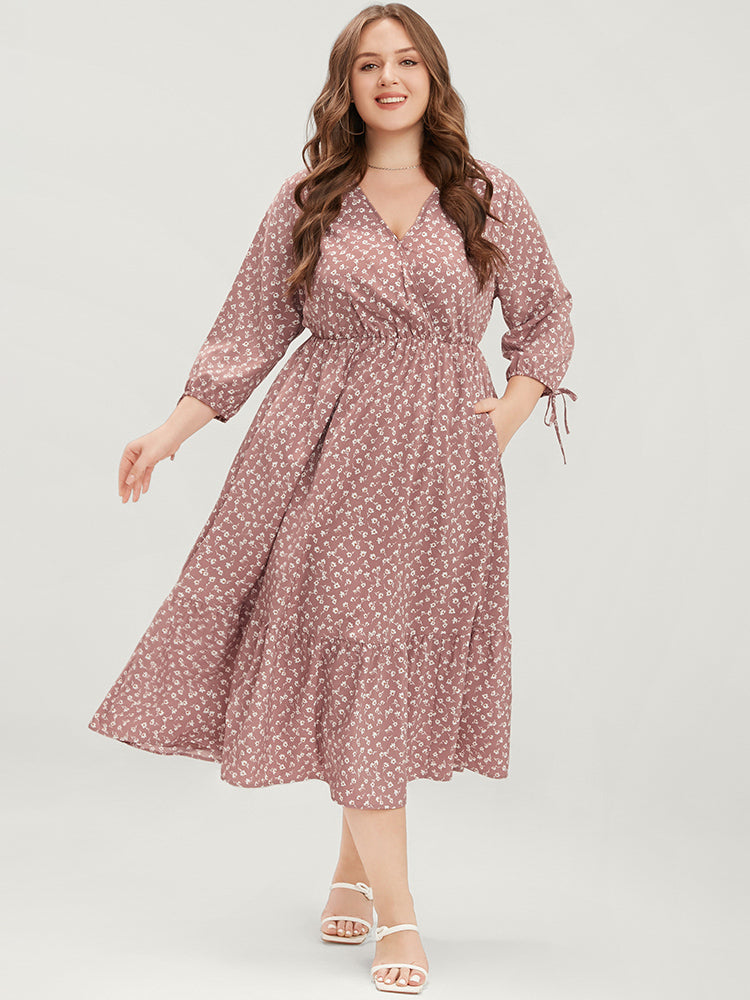 

Plus Size Women Dailywear Ditsy Floral Knotted Lantern Sleeve Three Quater Length Sleeve V Neck Pocket Elegance Dresses BloomChic, Dusty pink