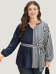 Striped Patchwork Notched Belted Lantern Sleeve Blouse