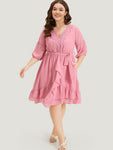 Lace Panel Ruffle Trim Belted Lantern Sleeve Dress