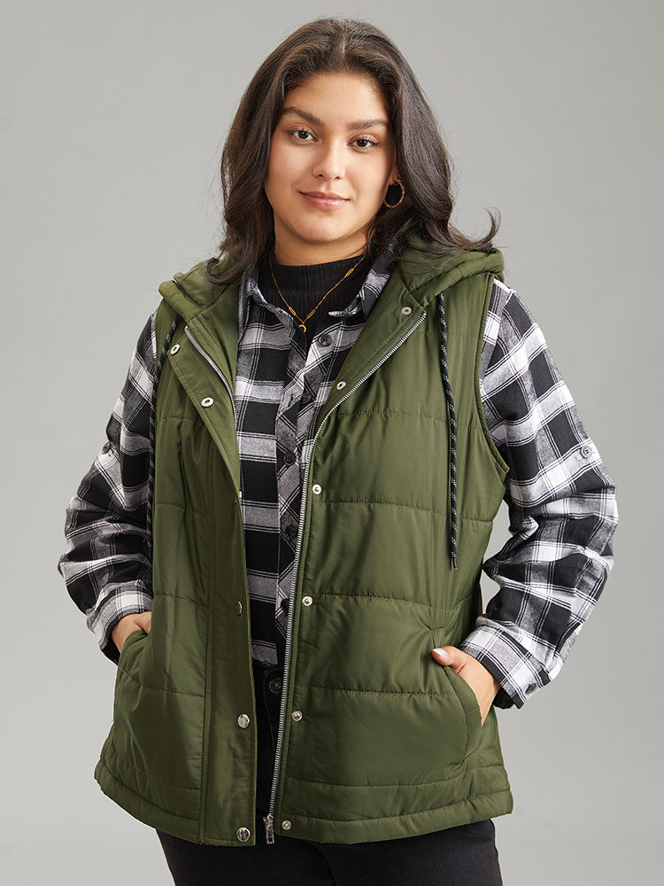 

Plus Size Jackets | Plain Button Up Zipper Padded Vest Jacket | BloomChic, Army green