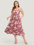 Spaghetti Strap Pocketed Gathered Shirred Floral Print Dress With Ruffles