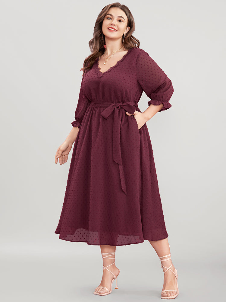 

Plus Size Women Going out Plain Pocket Lantern Sleeve Three Quater Length Sleeve V Neck Pocket Belt Glamour Dresses BloomChic, Burgundy