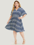 Pocketed Notched Collar General Print Dress With Ruffles