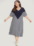Pocketed Batwing Sleeves Striped Print Dress