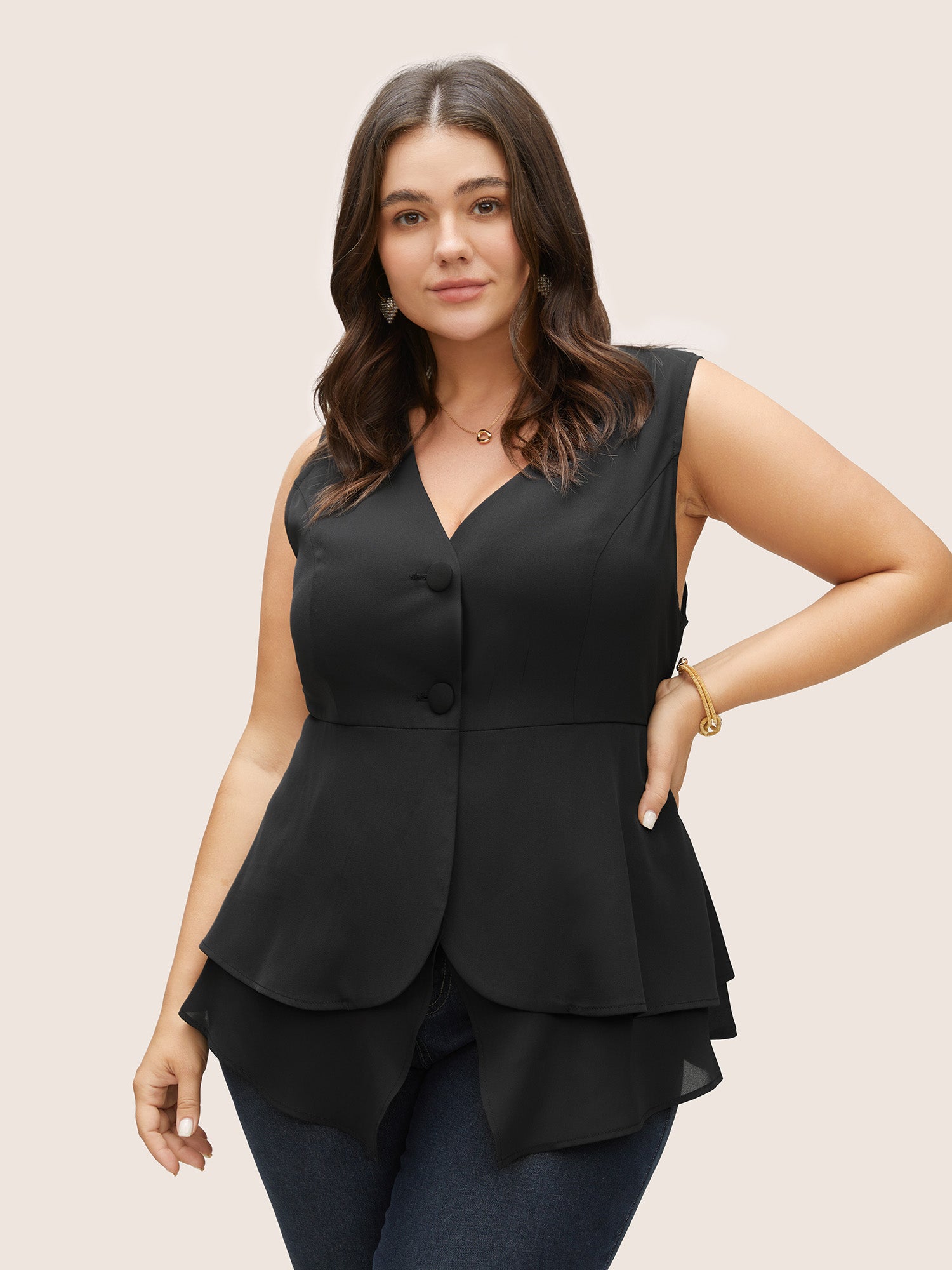 

Plus Size Vests | Solid Asymmetrical Patchwork Button Down Vest | BloomChic, Black