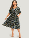 Ditsy Floral Wrap Belted Ruffle Sleeve Dress