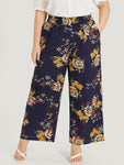 Floral Print Pocket Elastic Waist Wide High Rise Pants