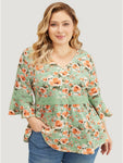 Floral Print Ruffle Lace Bell Sleeve Blouse