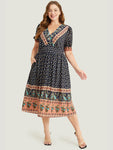 Bandana Print Shirred Puff Sleeve Pocket Wrap Empire Waist Dress