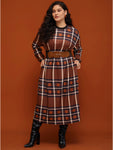 Round Neck Plaid Print Pocketed Midi Dress