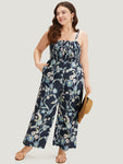 General Print Spaghetti Strap Shirred Jumpsuit