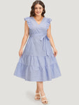V-neck Striped Print Cap Sleeves Belted Dress With Ruffles