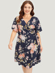 Floral Print Wrap Pocketed Dress With Ruffles