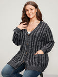 Striped Contrast Pointelle Knit Pocket Button Front Heather Cardigan