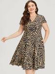 V-neck Animal Zebra Print Pocketed Dress With Ruffles
