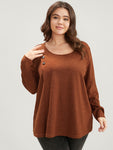 Solid Round Neck Button Detail Rib Knit Long Tee