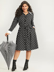 Belted Polka Dots Print Collared Dress