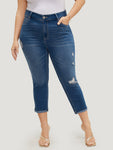 Very Stretchy High Rise Dark Wash Ripped Detail Cropped Jeans