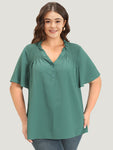 Plain Shirred Button Through Frill Trim Stand Collar Blouse