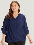 Solid Button Up Notched Crossover Hem Blouse
