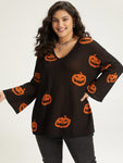 Halloween V Neck Bell Sleeve Pullover