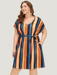 Pocketed Belted Striped Print Batwing Sleeves Dress