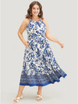 Belted Pocketed Flutter Sleeves General Print Halter Dress by Bloomchic Limited