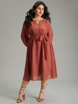 Plain Mesh Texture Keyhole Belted Lantern Sleeve Dress