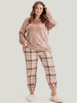 Solid Flannel Round Neck Plaid Pajama Set