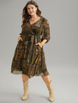 General Print Elasticized Waistline Belted Wrap Dress