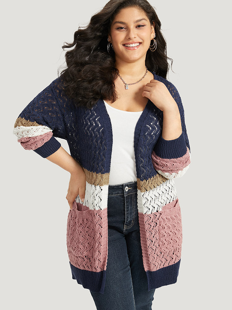 

Plus Size Cardigans | Colorblock Eyelet Patched Pocket Cardigan | BloomChic, Multicolor