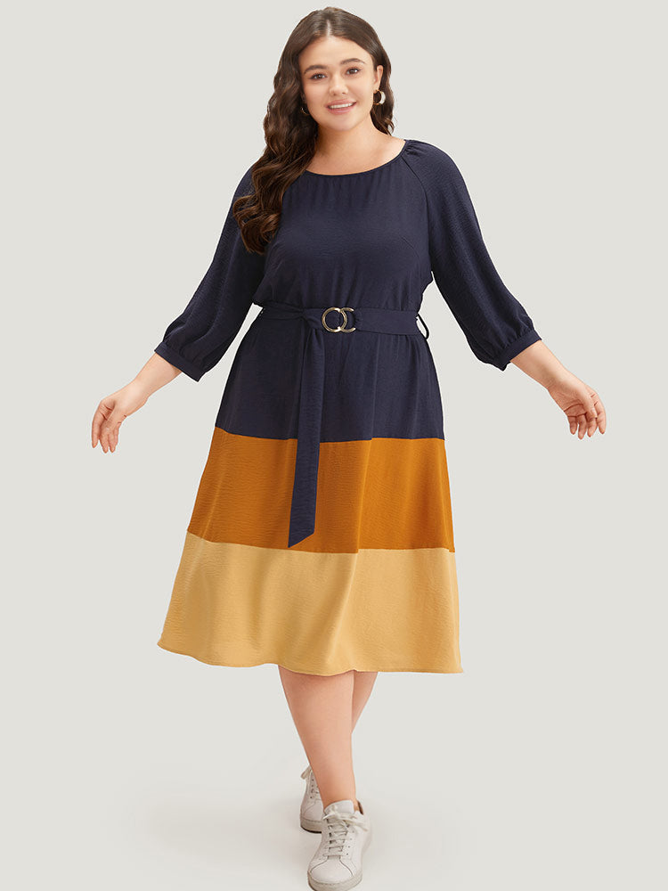 

Plus Size Women Dailywear Colorblock Gathered Regular Sleeve Elbow-length sleeve Round Neck Pocket Belt Casual Dresses BloomChic, Midnight