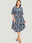 Allover Print Button Detail Pocket Belted Arc Hem Dress