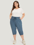 Solid Elastic Waist Drawstring Slant Pocket Cropped Pants