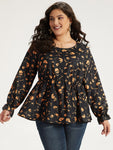 Halloween Print Elastic Waist Crew Neck Lantern Sleeve Blouse